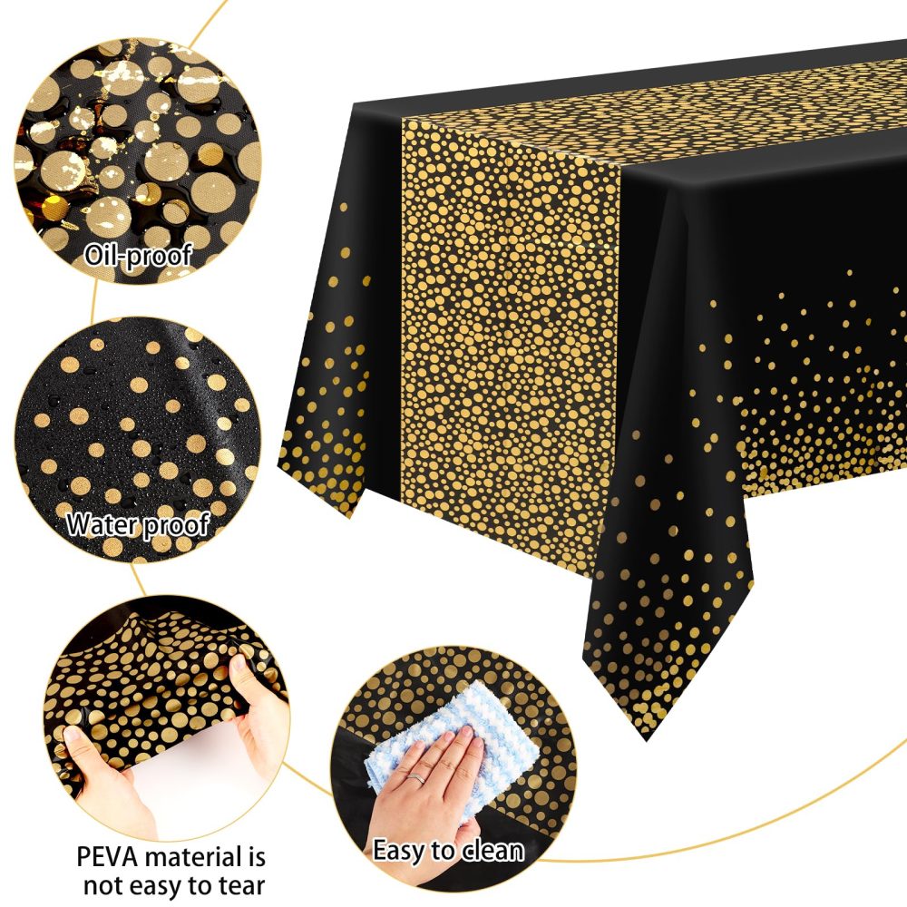 FUYOAL 6 Pieces Black and Gold Table Cloth, Disposable Party Table Cloth Plastic Tablecloth Dot Confetti Party Table Cover for Picnic Baby Shower Halloween Christmas(54" x 108") - Image 6
