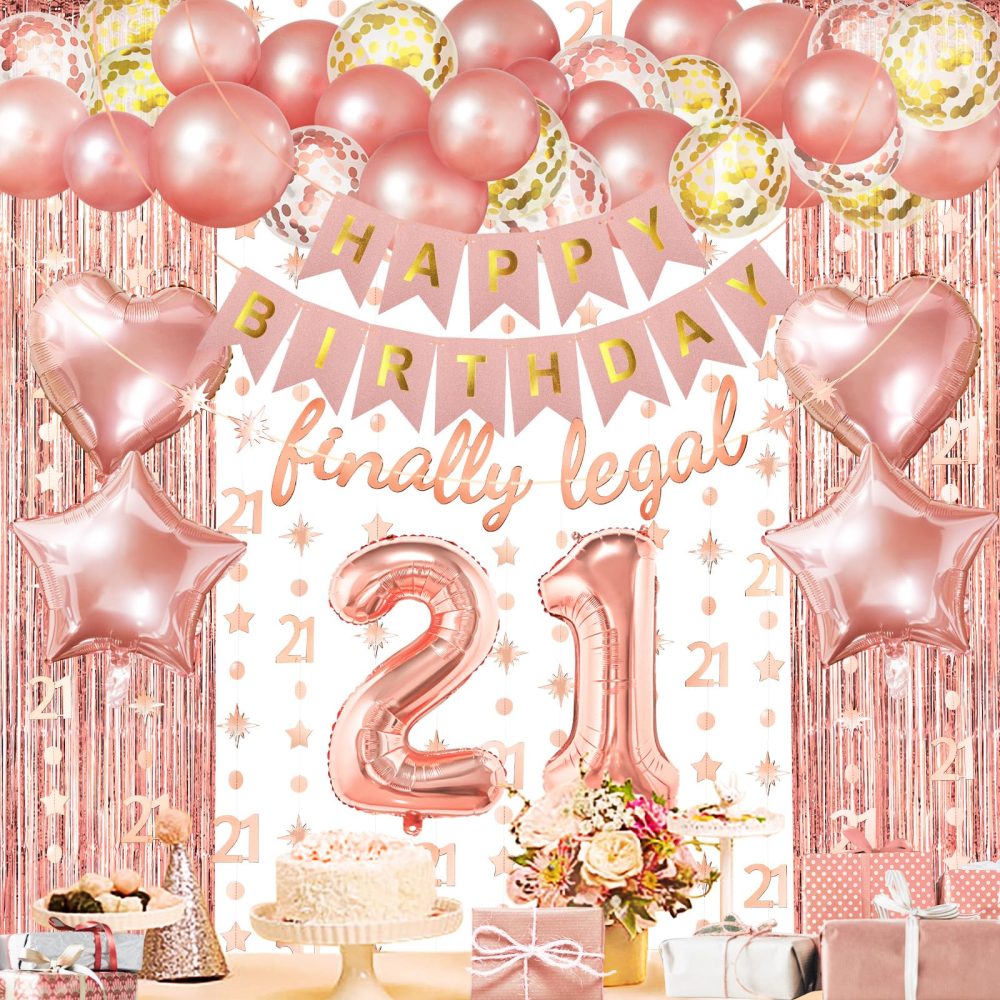 ZERODECO Rose Gold Birthday Party Decorations 21st, Happy Birthday Banner 21st Theme Banner Fringe Curtain 21 Garland Heart Star Foil Confetti Balloons for Women Girls Queen Princess Birthday Party