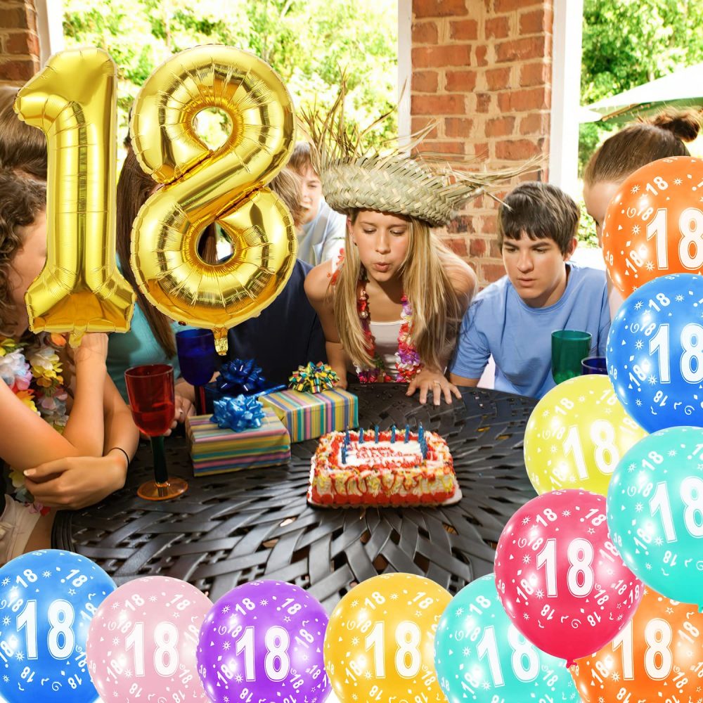 18th Birthday Balloons,Gold Number 18 Balloon and 20pcs 12" Multicoloured Numbers Printed Latex Age Balloons,Birthday Balloons for Girls Boys Birthday Decorations,18th Anniversary Party Supplies - Image 2