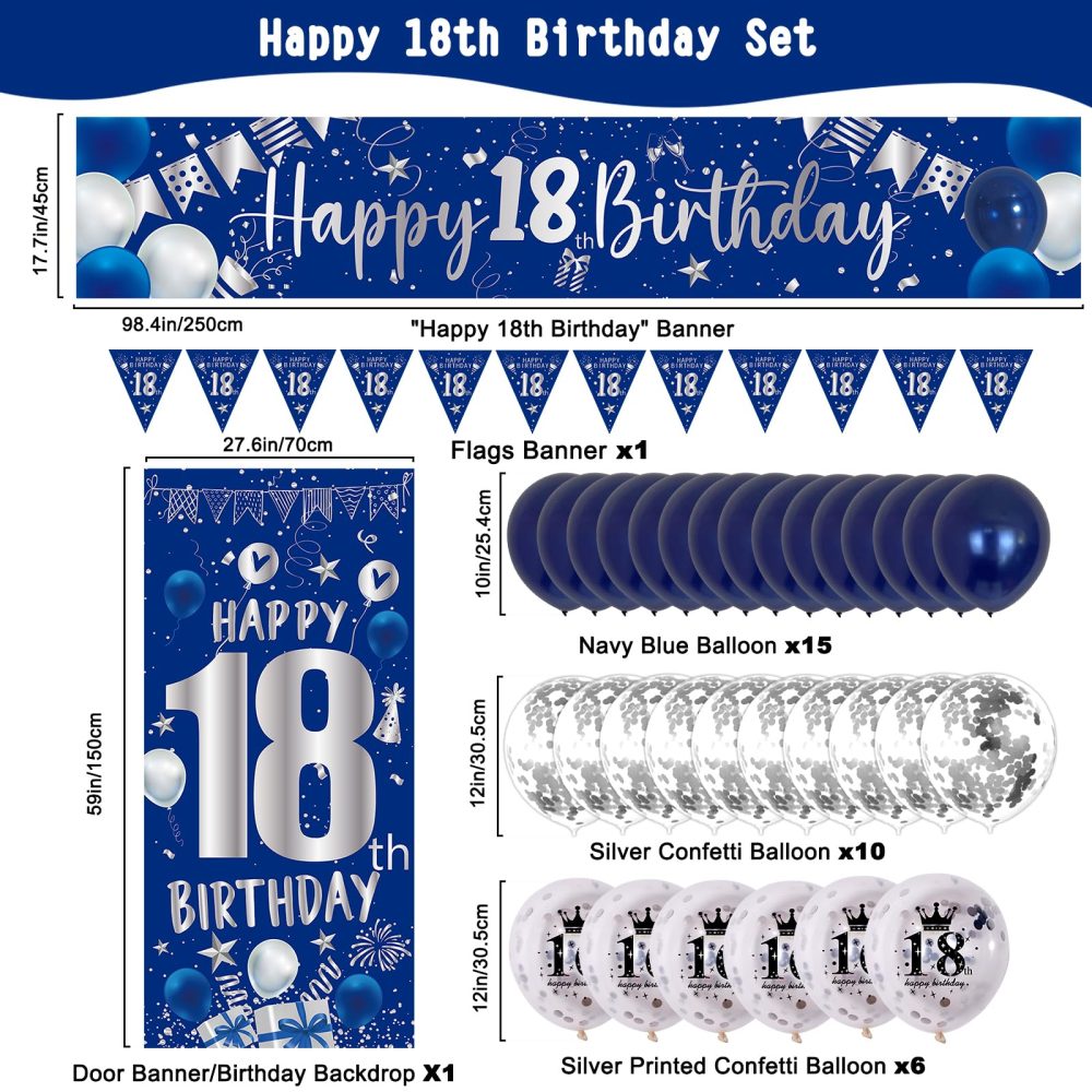 18th Birthday Decorations for Boys Girls Blue and Silver Happy 18th Birthday Banner 18th Birthday Balloons Happy Birthday Backdrop Door Banner Triangle Flag Confetti Balloons 18th Party Supplies - Image 3
