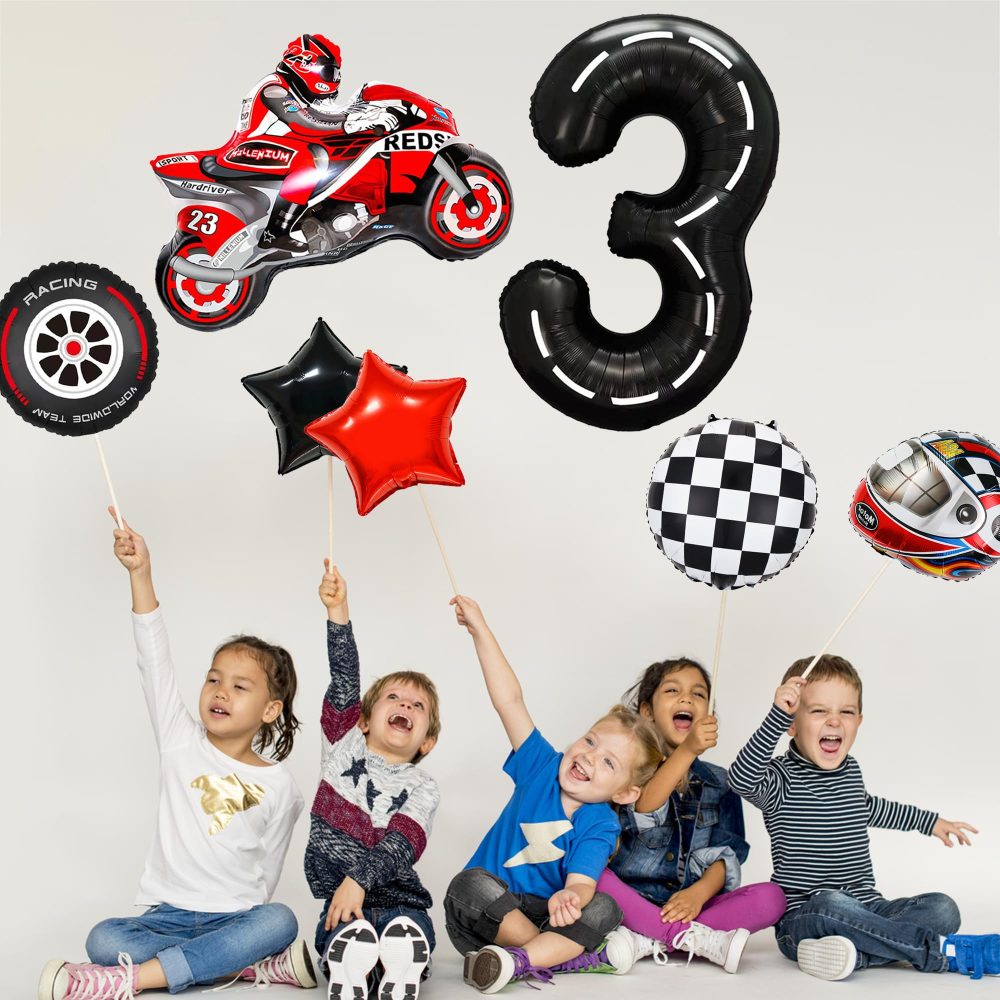 Race Car 3rd Birthday Decorations - 10 Pieces Racing Car Party Balloons, Race Car Balloons Motorcycle Helmet Tire Foil Balloons for Kids 3rd Birthday Party Racing Car Party Decorations Supplies - Image 4
