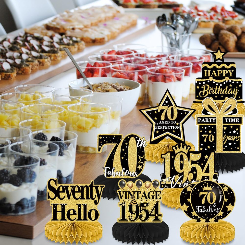 Luvart 70th Birthday Decorations-Black and Gold Table Decorations for Birthday Party 9pcs 70th Birthday Decorations for Men Women Honeycomb Center Decor with Vintage 1954 Birthday Party Supplies - Image 4