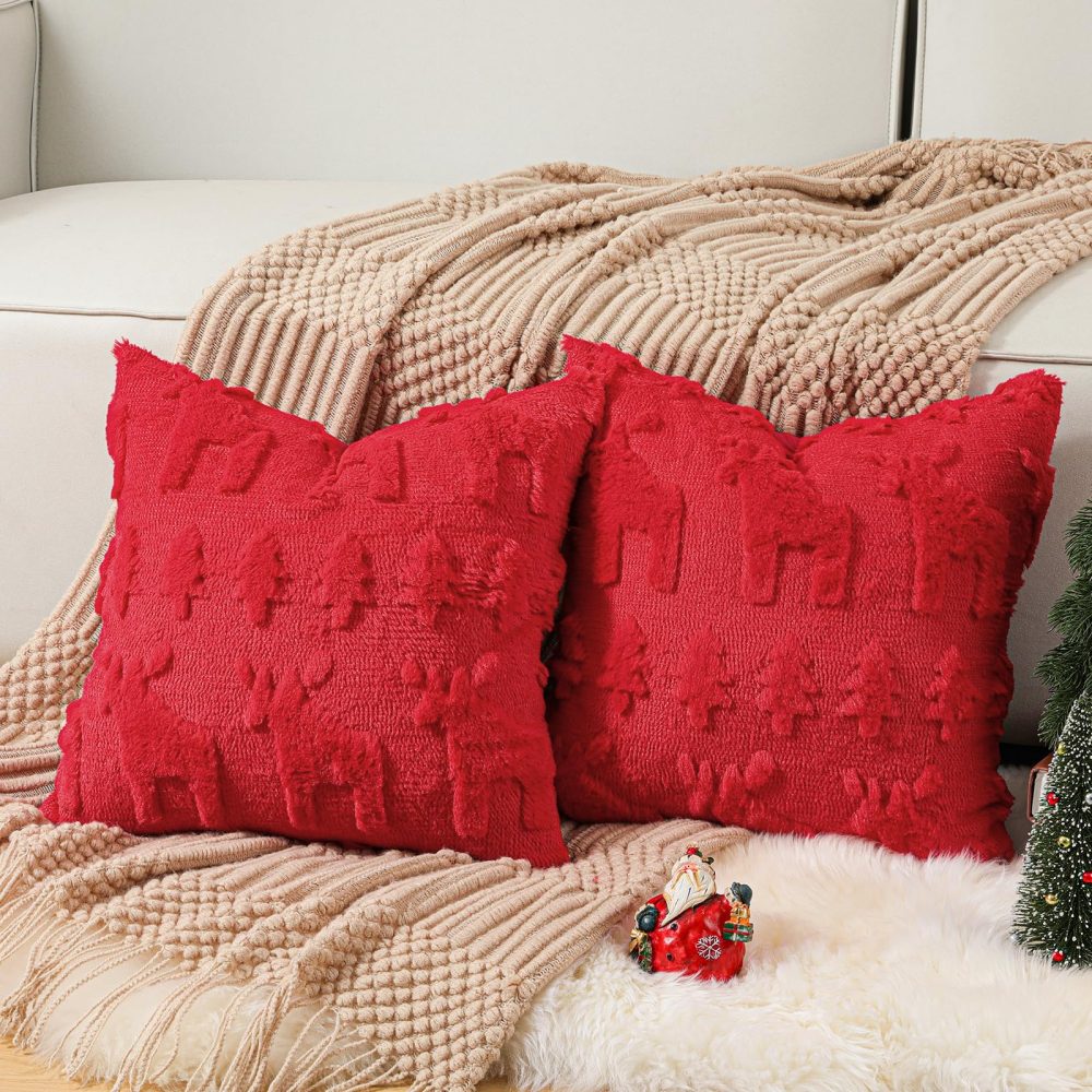 Lewondr Christmas Throw Pillow Cover 18x18, Set of 2 Super Soft Faux Fur Pillow Covers Velvet 3D Christmas Tree Reindeer Embroidery Square Throw Pillowcase for Living Room Bed Sofa Home Decor, Red - Image 7