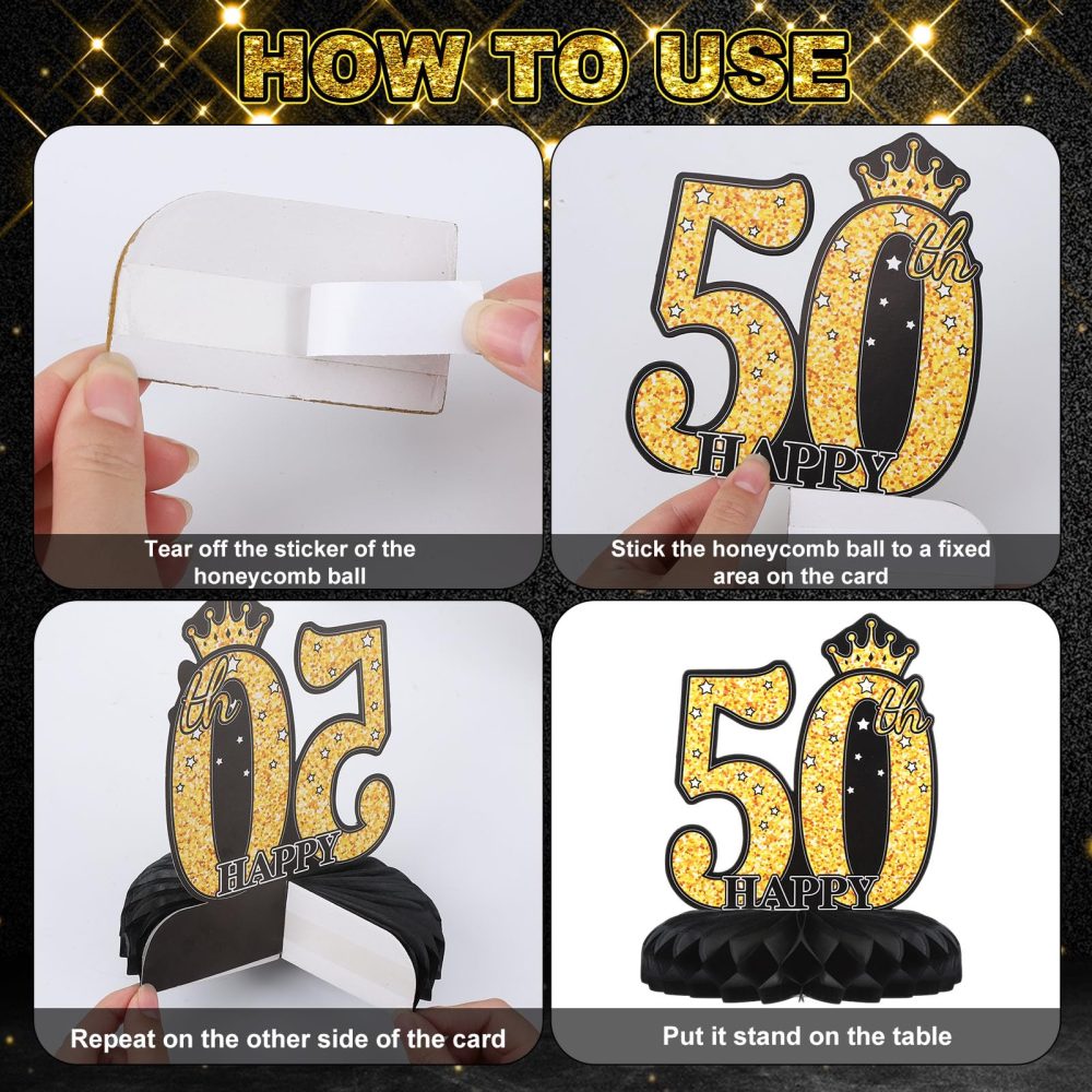 Radsocken 9Pcs 50th Birthday Honeycomb Centerpieces Decorations with String Lights for Women,Gold Black1974 Years Happy Birthday Table Topper 50th Birthday Gifts for Women Men Party Supplies - Image 5