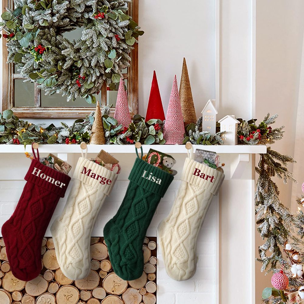 Personalised Christmas Stockings Custom Name Christmas Stockings 18” Large Knit Knitted Family Xmas Stocking for Kids Rustic Farmhouse Fireplace Hanging Ornament Christmas Holiday Party Decoration - Image 4