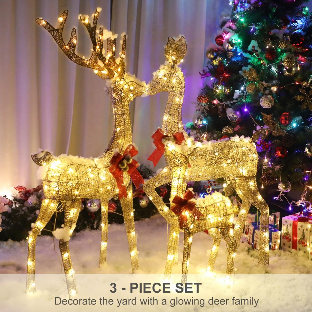 HOYECHI Lighted Christmas Decoration Deer 3 Piece, Light up Christmas Decor Reindeer Family Set for Indoor Outdoor Front Yard Porch with LED Lights, Plug, Extension Cord, Ground Stakes - Gold - Image 4