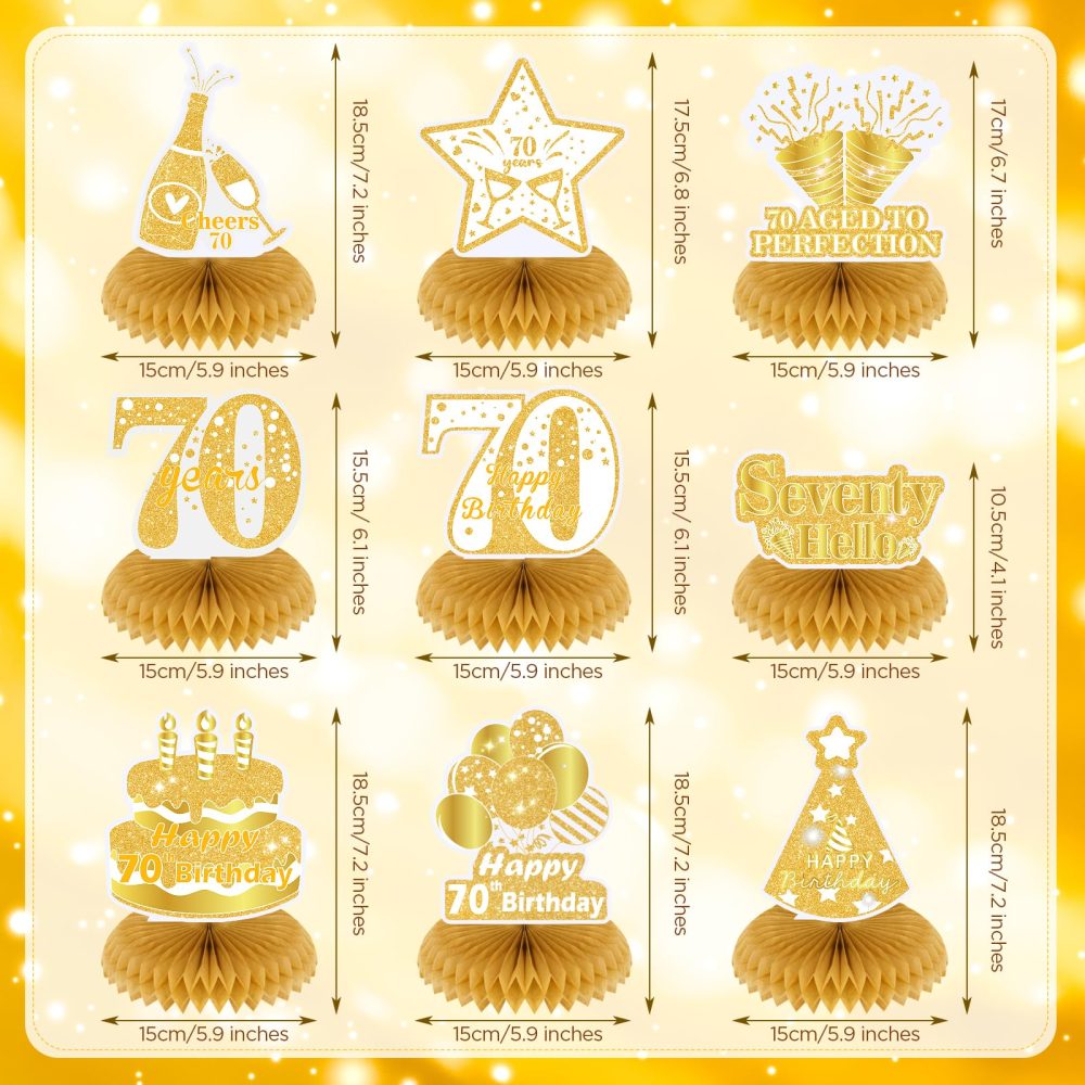 RUMIA 9Pcs White Gold 70th Birthday Decorations for Women White Gold Happy 70th Birthday Honeycomb Centerpiece for Women Men 70th Birthday Party Centerpiece Table Decorations Supplies - Image 6