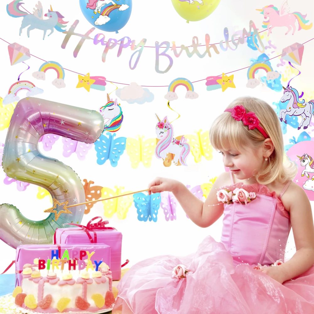 Unicorn 5th Birthday Decorations Girl - 24 Pieces Unicorn Party Decorations, Happy Birthday Banner, Number 5 Foil Balloon, Pull Flower, Hanging Swirl, Unicorn Birthday Party Supplies for Kids Girls - Image 4