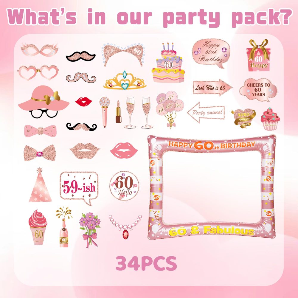 Rose Gold 60th Photo Props - 34 Pieces 60th Photo Booth Props Rose Gold Inflatable Selfie Frame 60th Birthday Photo Booth Props for Women Men 60th Birthday Party Supplies 60th Birthday Gift - Image 7
