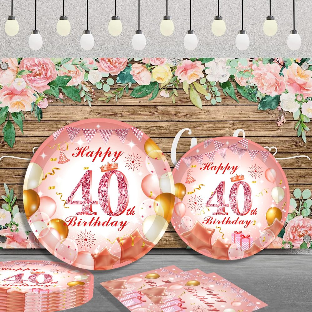 52Pcs 40th Paper Plates and Napkins Rose Gold,16 Guests Pink and Gold 40th Birthday Party Tableware Paper Plates and Napkins Set for Women 40th Birthday Gifts,Birthday Party Decorations Supplies - Image 4