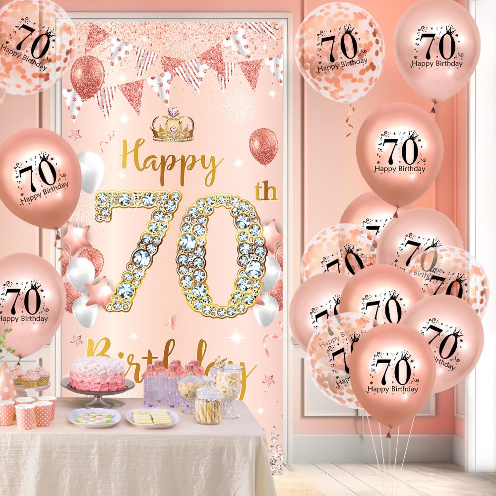 Rose Gold 70th Birthday Decorations Banner for Women, Happy 70th Birthday Door Banner with 18pcs 70th Balloons for Women 70th Birthday Anniversary Party Backdrop Decor Supplies Sign Porch Background - Image 5