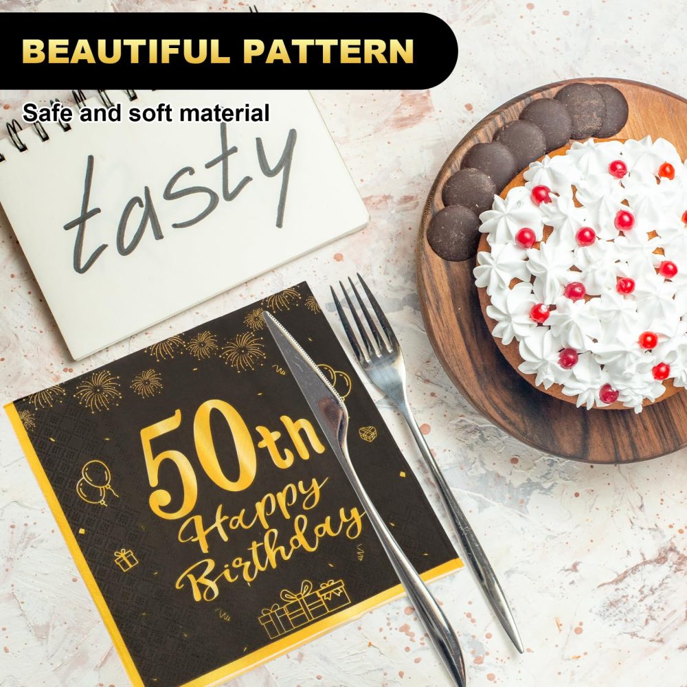 ZOCONE 60 Pcs 50th Birthday Napkins Black and Gold 50th Birthday Table Decorations for Men Women Disposable 50th Birthday Party Napkins Happy 50th Birthday Party Supplies Table Decor(50th, 60PCS) - Image 5