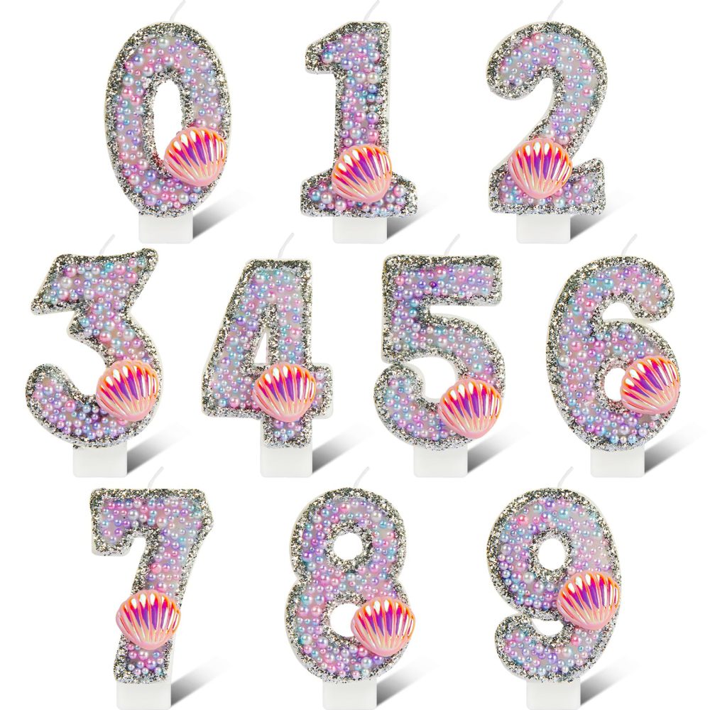 Girls Mermaid 1st Birthday Number Candles, Glitter Mermaid Number 1 Candle with Pink Shell Sequins, Pink Purple Pearls Cake Candles for Girls Mermaid Themed Birthday Decorations Party Supplies - Image 2