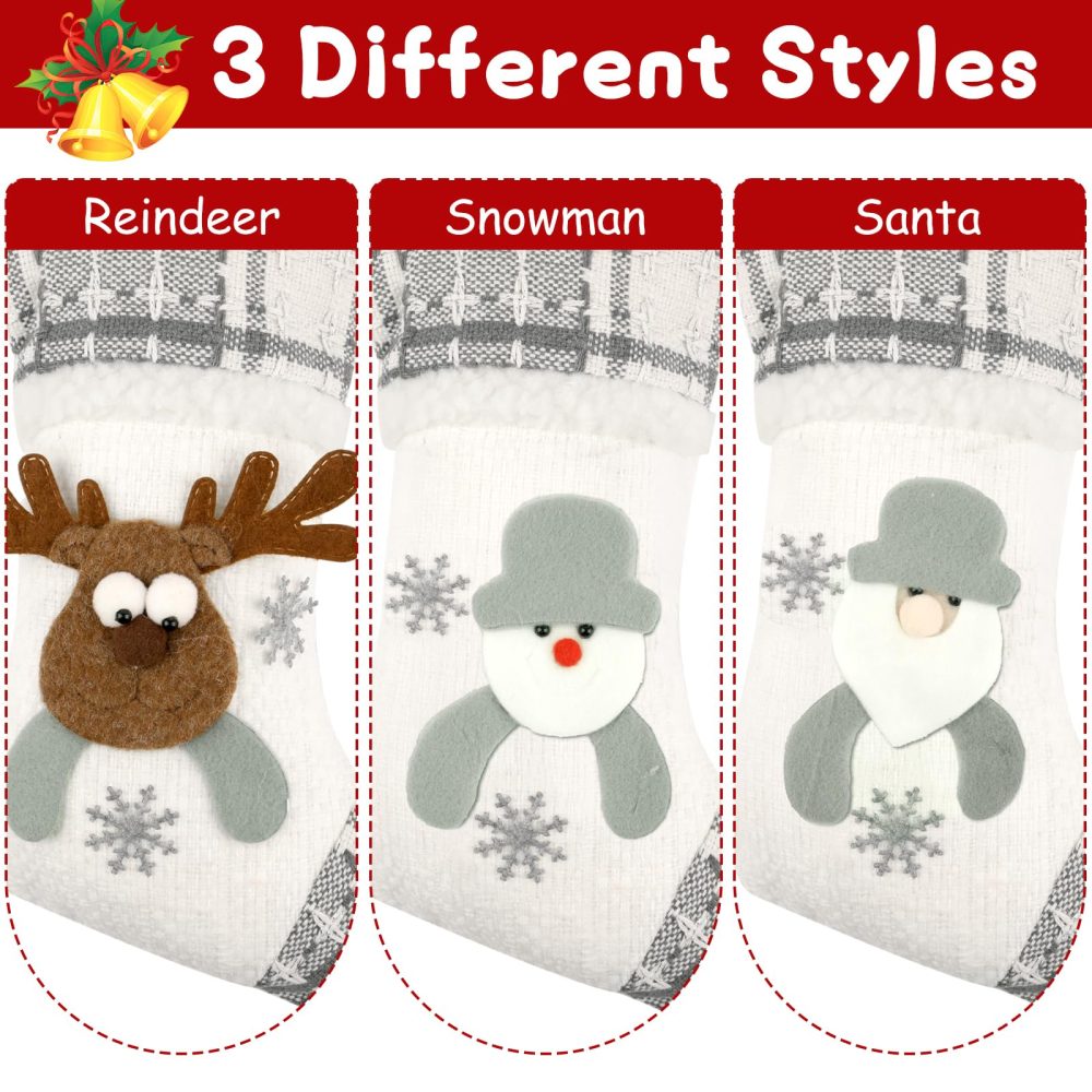 Christmas Stocking, 3pcs Personalised Christmas Stockings, Xmas Stockings with Santa/Snowman/Reindeer, Sock Sack Gift Bag for Fireplace, Christmas Tree Decoration (Grey) - Image 6