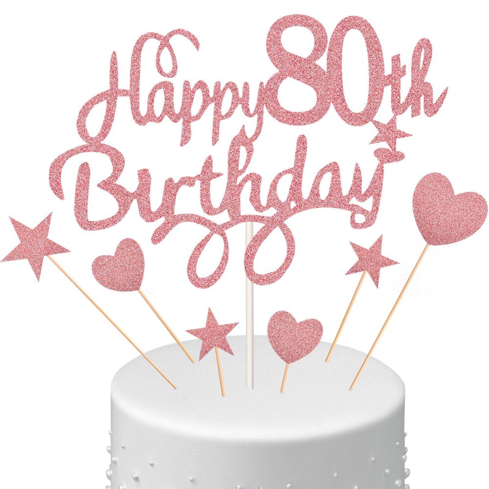 Boao 80th Birthday Cake Toppers for Ladies Women, Happy 80th Birthday Cake Topper with Star Heart Cake Topper 80th Birthday Cake Decorations for Birthday Party Cake Supplies, Rose Gold