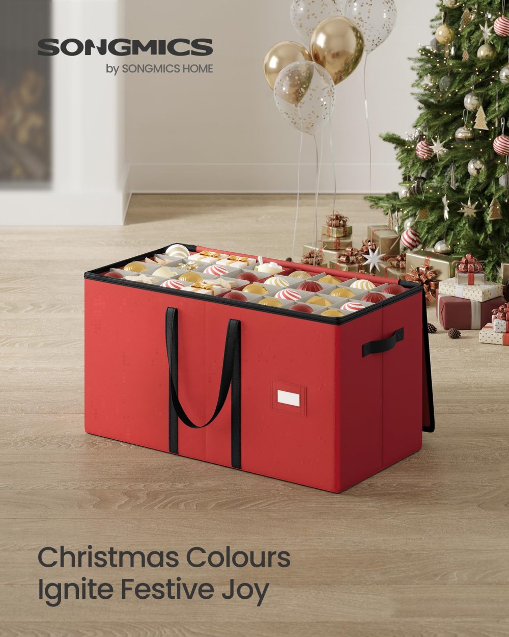 SONGMICS Christmas Decoration Storage Box, 7.6 cm 128 Slots, Stackable Christmas Bauble Storage Box with Lid, Dual Zippers, Adjustable Dividers, Non-Woven Fabric, Cherry Red RFB039R01 - Image 7