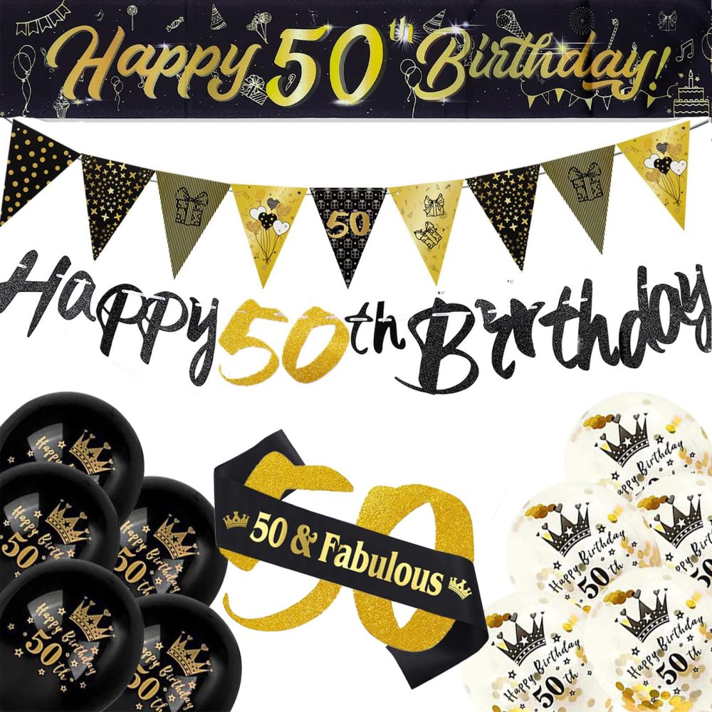 50th Birthday Decoration Kit, 13 Pieces Birthday Party Decoration Include Happy 50th Birthday Banner, Bunting, 12” Latex Printed Balloons, 9ft Banner for Women Men 50th Birthday Decorations Supplies