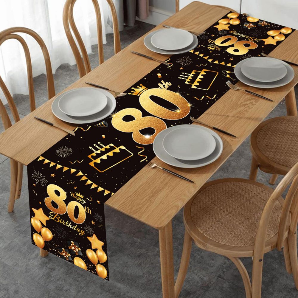 80th Birthday Table Runner Black Gold Happy 80th Birthday Table Runner for Men Women 80 Years Old Birthday Anniversary Celebration Party Non-Slip Dining Table Linen Cloth Decorations, 180x35cm Long - Image 4