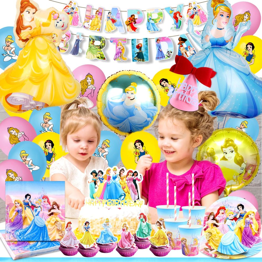 YAXMME 100Pcs Princess Birthday Tableware,Princess Birthday Decorations, Birthday Decorations for Girl,Party Supplies,Party Tableware Set Including Plates Cups Tablecloth Banners for 10 Guests - Image 2
