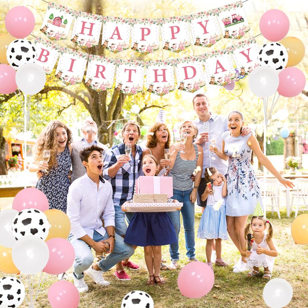 Kreatwow Pink Farm Animals Birthday Decorations for Girls Farmhouse Floral Theme Happy Birthday Banner Cow Pig Donkey Balloons Hanging Swirls Cake Cupcake Toppers for Kids Barnyard Theme Bday Party - Image 4