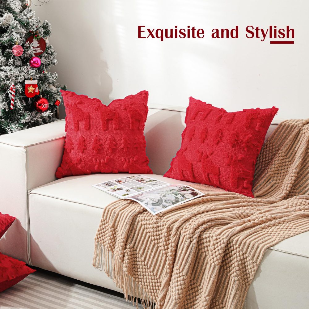 Lewondr Christmas Throw Pillow Cover 18x18, Set of 2 Super Soft Faux Fur Pillow Covers Velvet 3D Christmas Tree Reindeer Embroidery Square Throw Pillowcase for Living Room Bed Sofa Home Decor, Red - Image 8