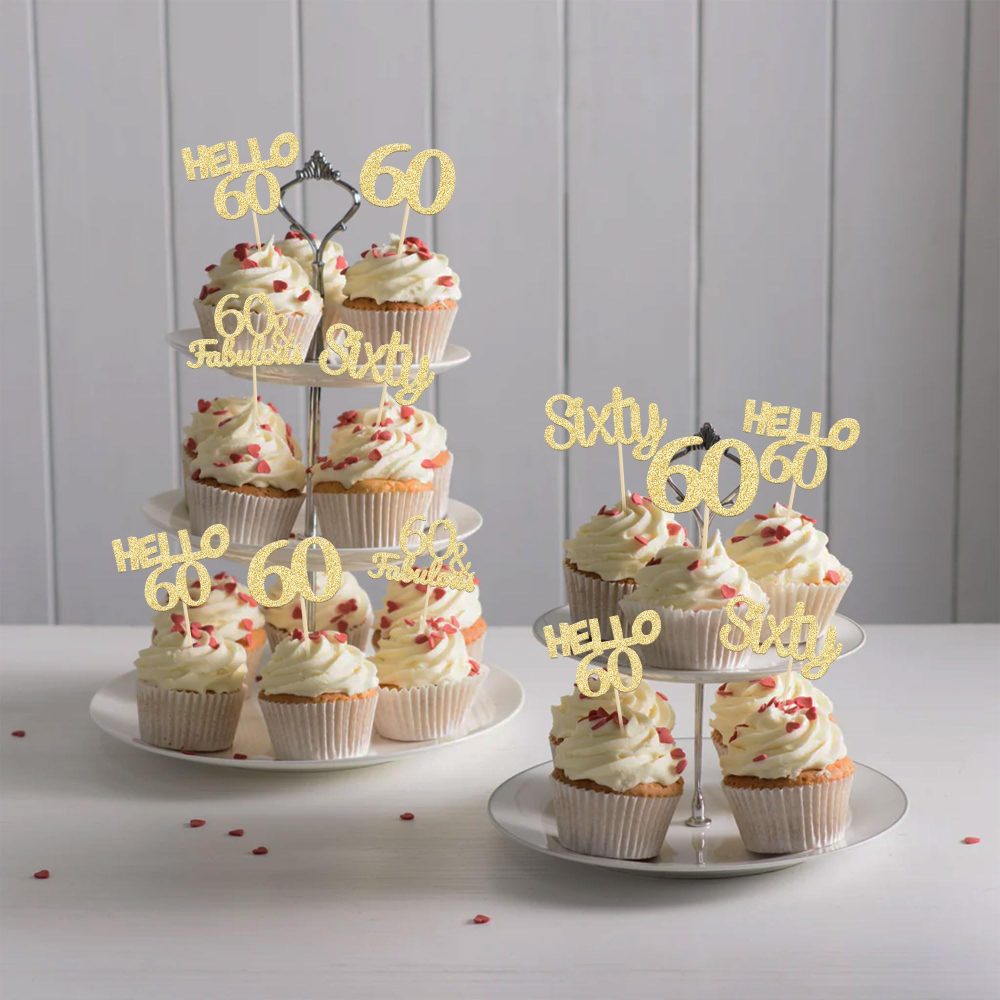 Gyufise 24Pcs Gold Glitter 60th Birthday Cupcake Toppers Hello 60 Sixty Cake Toppers 60 & Fabulous Cupcake Picks 60th Birthday Cake Decorations Supplies - Image 6