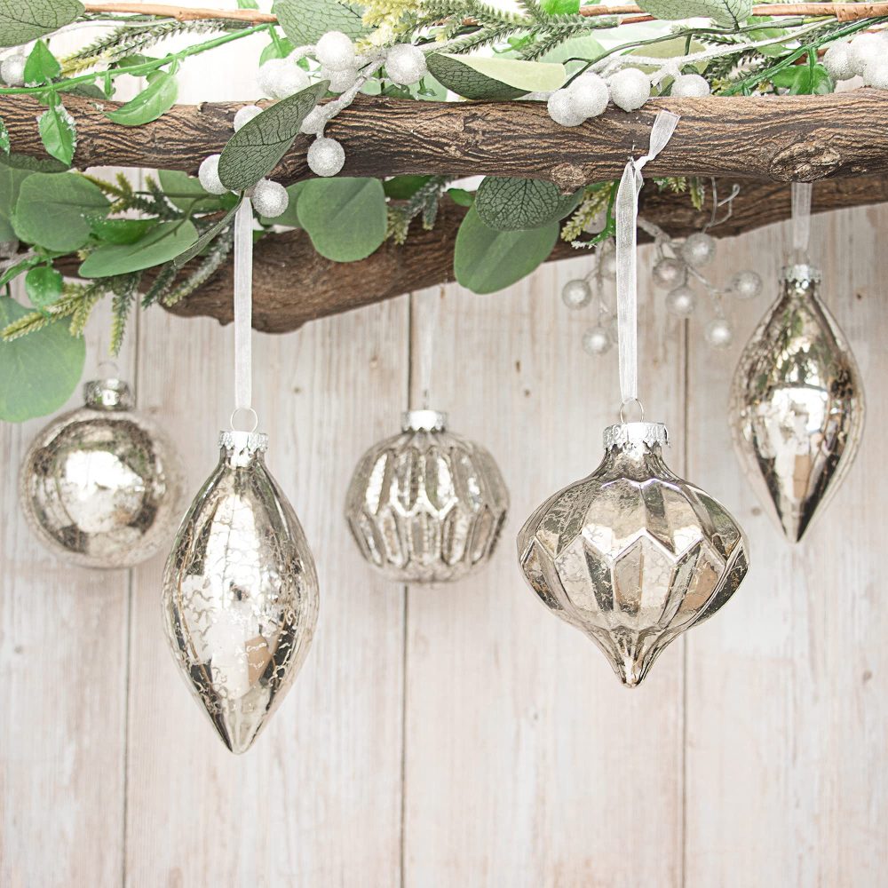 KI Store Mercury Glass Christmas Tree Decorations Champagne Silver Set of 8 80mm 120mm Hanging Christmas Baubles Finials for Christmas Tree Decoration Holiday Décor - Image 4