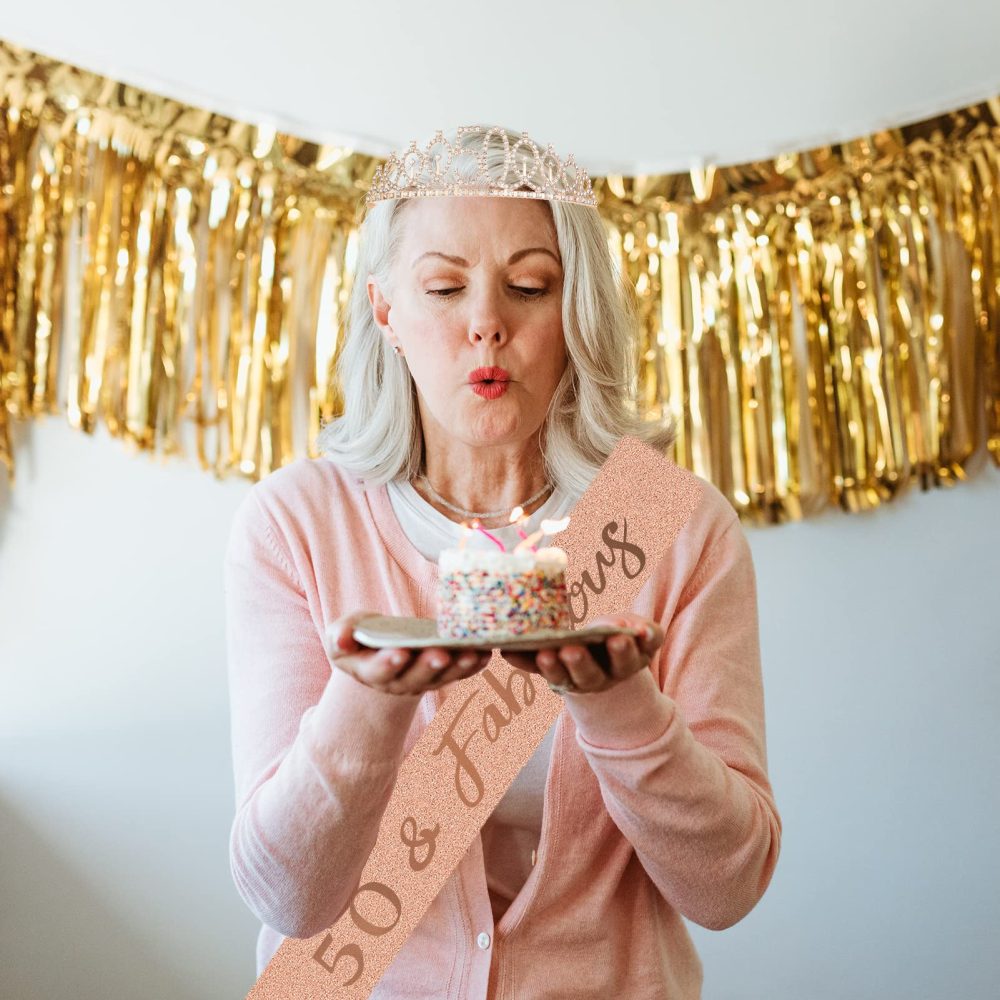 Jonvell 50th Birthday Sash and Tiara Crown Rose Gold 50th Sash Rhinestone Tiara Crown Birthday Cake Topper for Women 50th Birthday Gift Party Decorations Supplies - Image 2