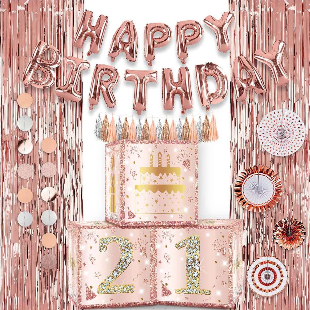 Happy 21st Rose Gold Birthday Balloon Boxes Decorations for Women Girl, 3pcs Cheers to 21 Years Happy Birthday Party Supplies, Pink 21 Years Old Birthday Party Photo Booth Props Decor - Image 2