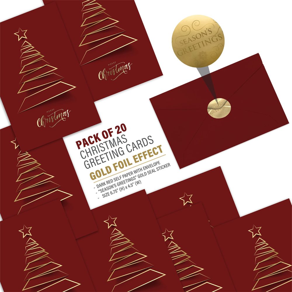 easykart labels 20 Christmas Greeting Cards with Gold Foiling Xmas Tree, Dark Red Self Paper with Red Envelope,6.75 x 4.5 Inch Merry Christmas Cards with Seal Stickers - Image 5