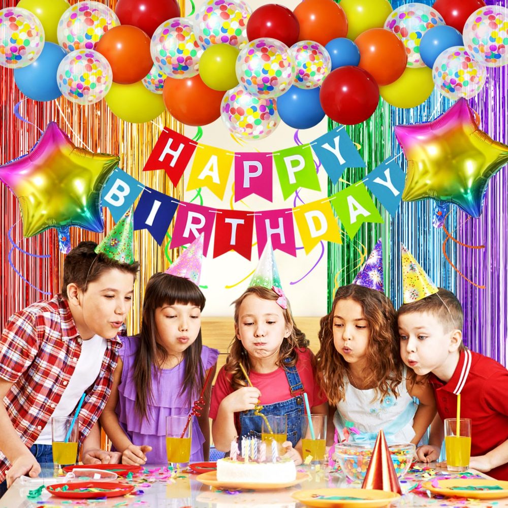 Colorful Birthday Decorations, Birthday Party Supplies for Men Women Boys Girls with Rainbow Happy Birthday Banner, Confetti Balloons, Fringe Curtain, Heart Star Foil Balloons, Hanging Swirls - Image 4