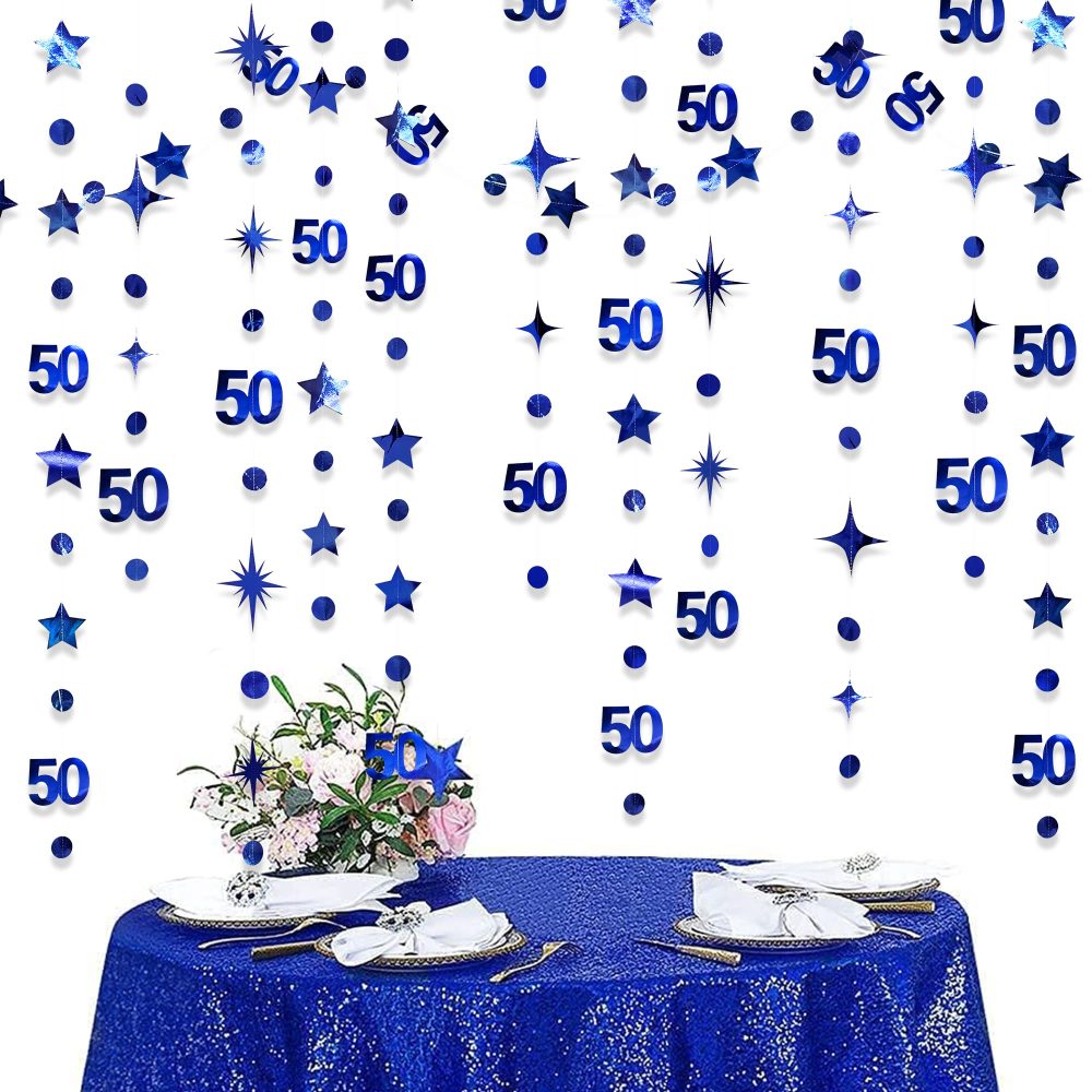 Navy Blue 50th Birthday Decorations Number 50 Circle Dot Twinkle Star Garland Metallic Hanging Streamer Bunting Banner Backdrop for 50 Year Old Birthday Happy 50th Anniversary Fiftieth Party Supplies - Image 4