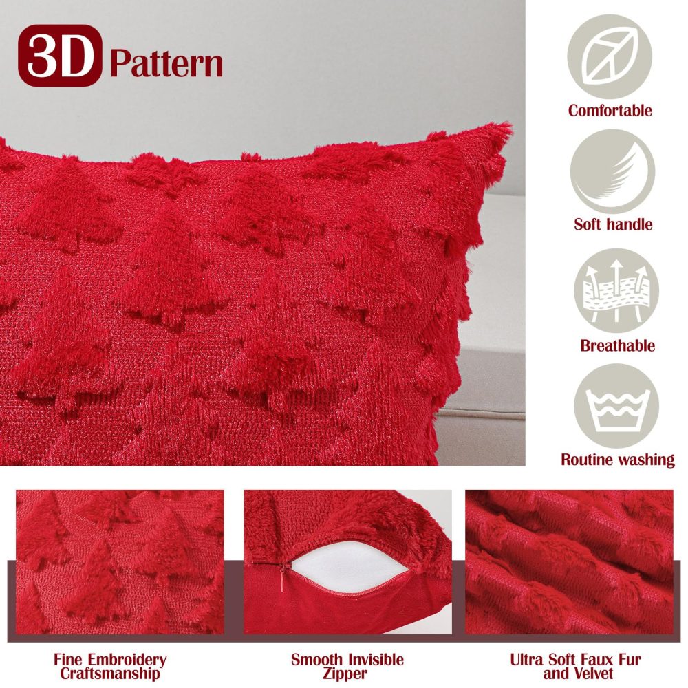 Lewondr Christmas Throw Pillow Cover 18x18, Set of 2 Super Soft Faux Fur Pillow Covers Velvet Christmas Tree Embroidery Decorative Throw Pillowcase for Living Room Bed Couch Sofa Car Home Decor, Red - Image 5