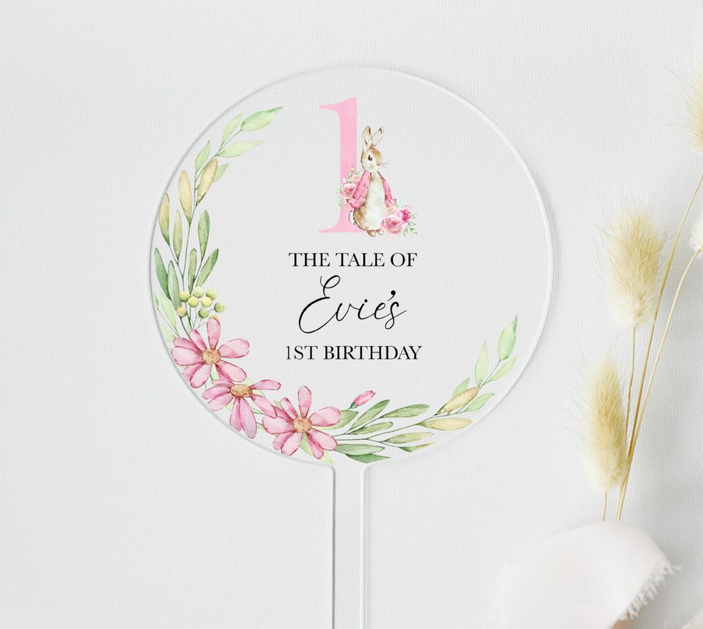 Peter Rabbit First Birthday Cake Topper | Personalised Acrylic 1st Birthday Party Decor (10cm, Flopsy Bunny - Clear Acrylic) - Image 7