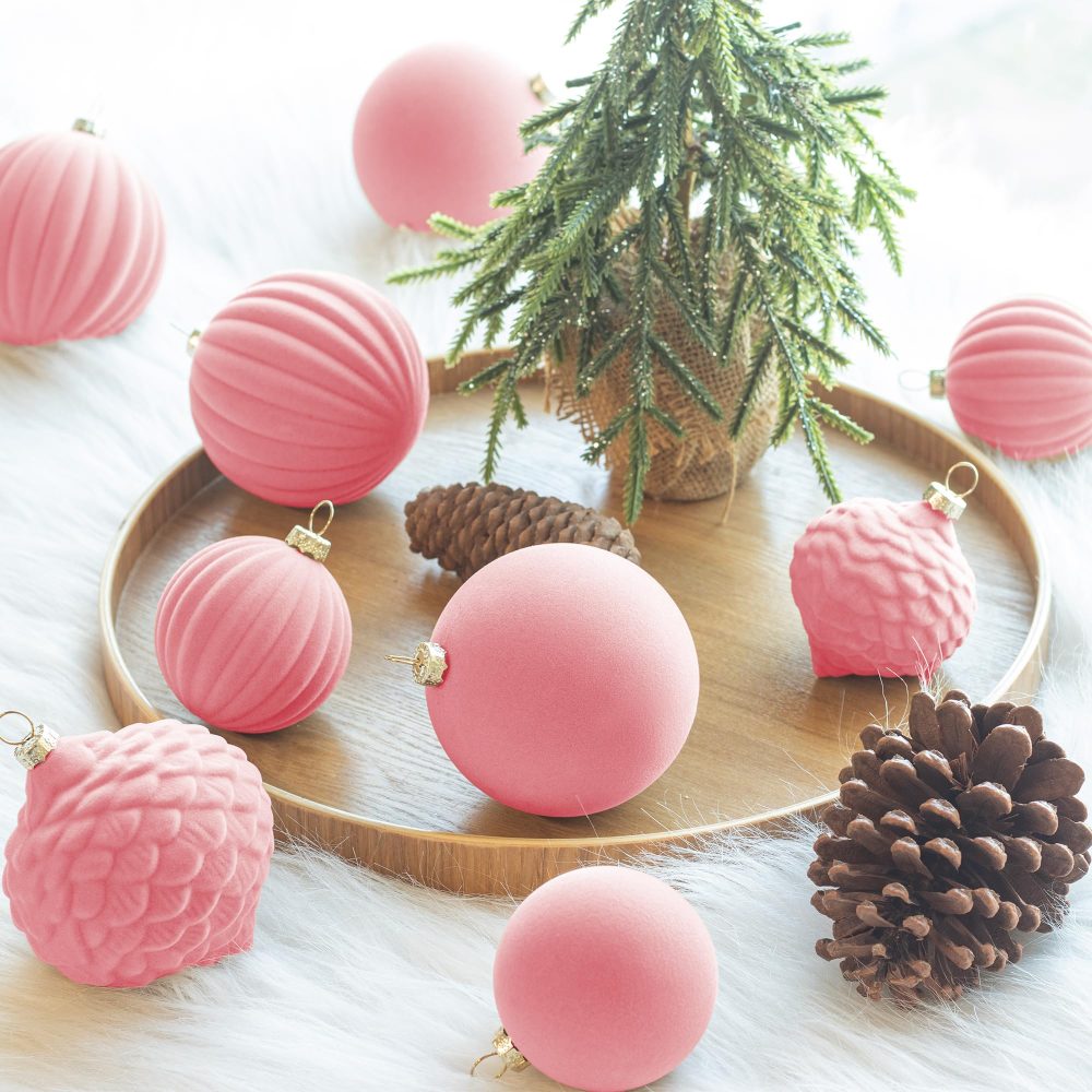 KI Store Rose Pink Velvet Christmas Baubles 25pcs Shatterproof Flocked Christmas Tree Ornaments 80mm 60mm Assorted for Xmas Tree Decorations - Image 6