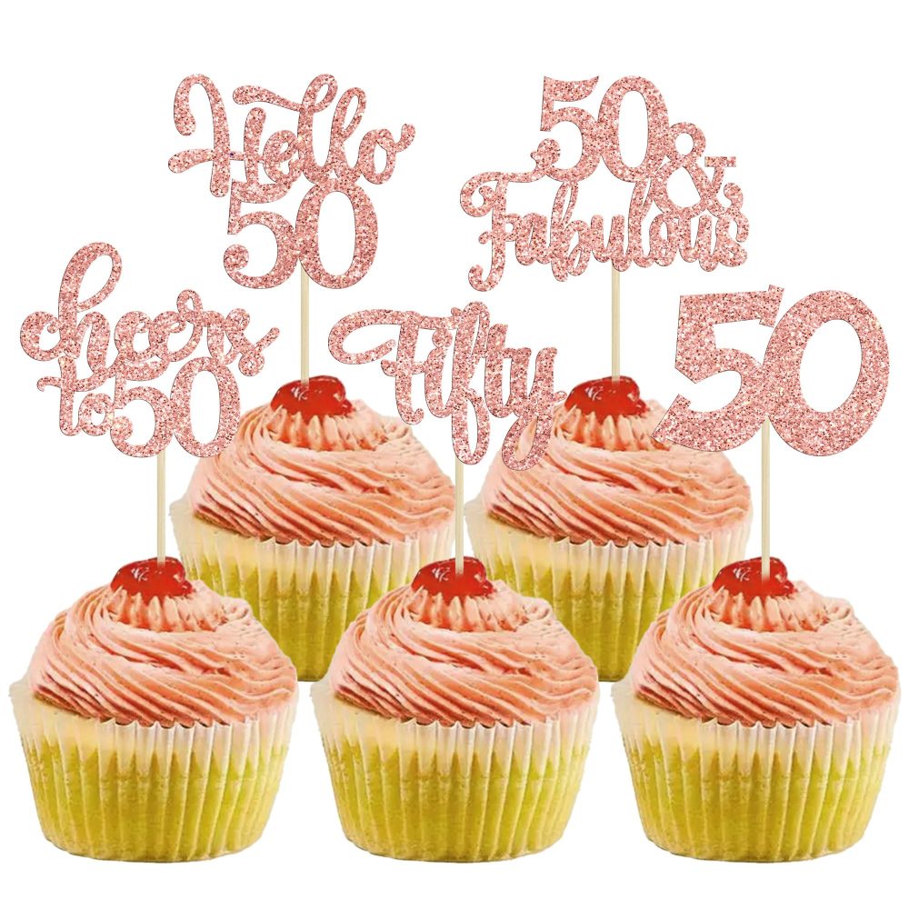 30Pcs Happy 50th Birthday Cupcake Toppers Rose Gold Glitter Fifty Cheers to 50 Years Old Birthday Cupcake Picks for 50th Birthday Anniversary Party Cake Decorations Supplies