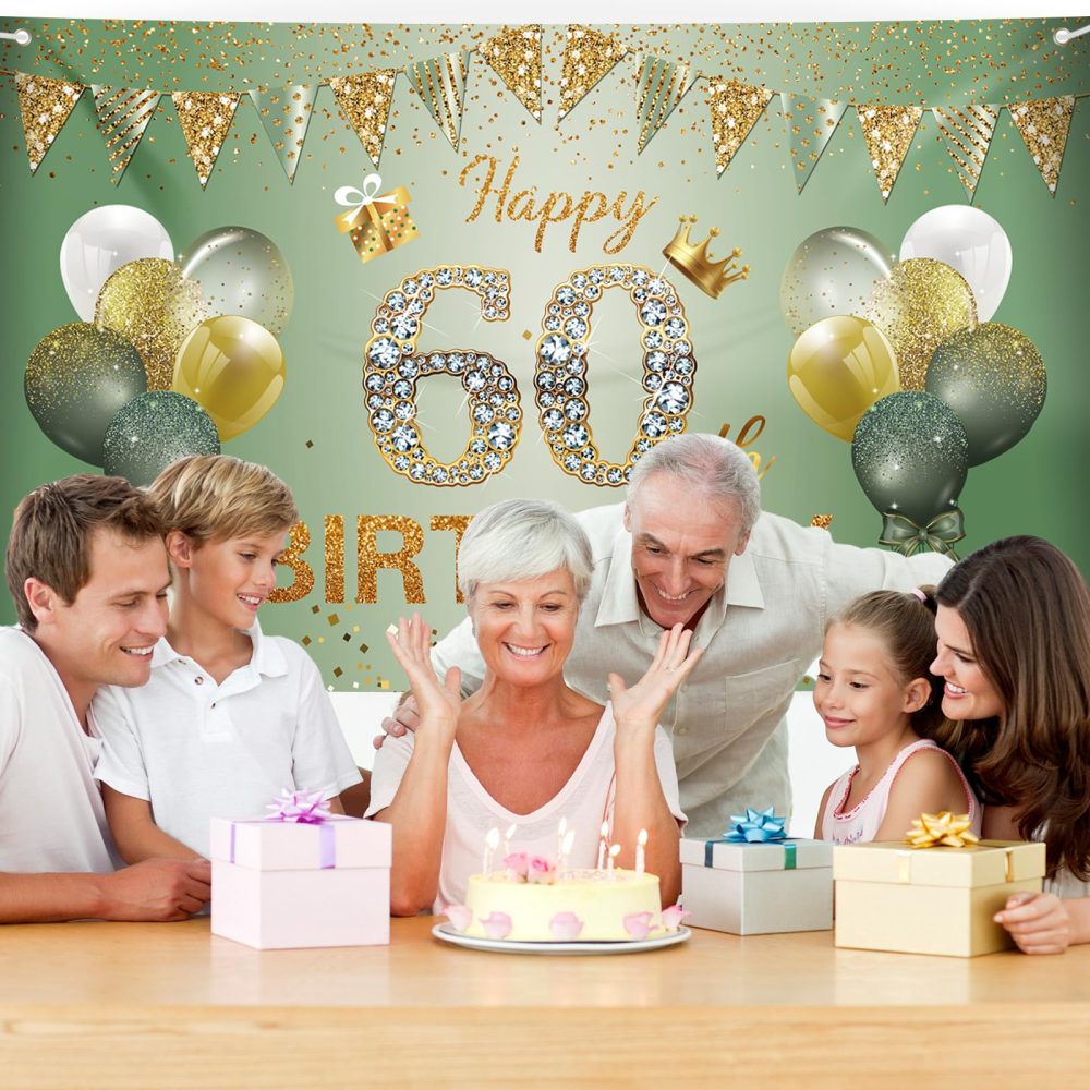 60th Birthday Decorations for Women Men, 60th Birthday Banner, 60th Birthday Backdrop Party Decorations, Sage Green Gold Happy 60th Birthday Banner Background for Birthday Anniversary Party Supplies - Image 5