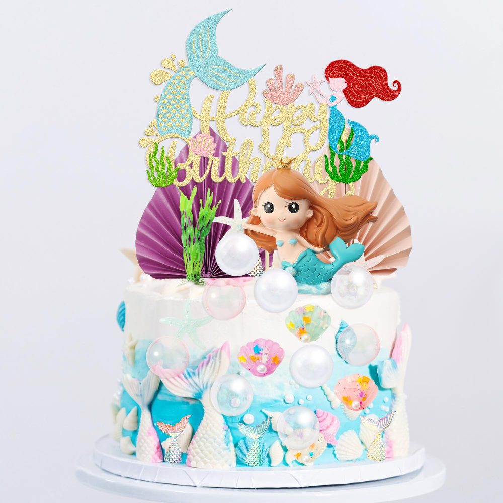 Gyufise 32Pcs 3D Mermaid Under the Sea Cake Toppers Set Mermaid Tail Starfish Seaweed Shell Bubble Palm Leaf Cupcake Picks for Under the Sea Theme Baby Shower Birthday Party Cake Decorations Supplies - Image 5