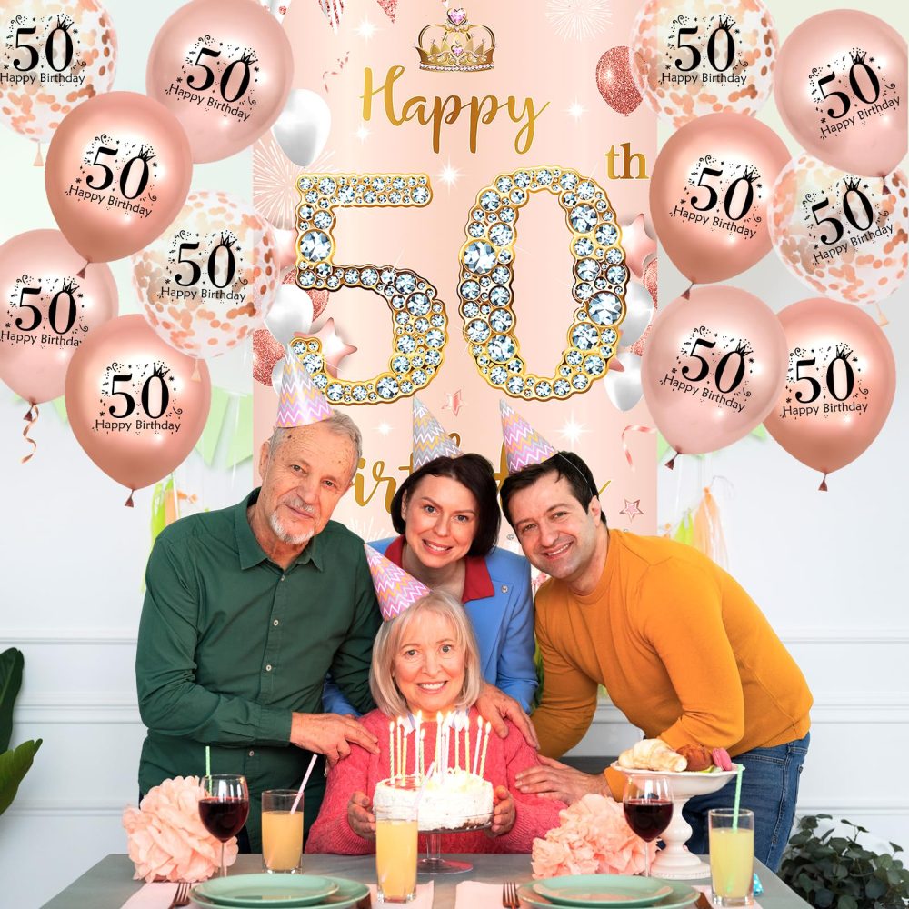 Rose Gold 50th Birthday Decorations Banner for Women, Happy 50th Birthday Door Banner with 18pcs 50th Balloons for Women 50th Birthday Anniversary Party Backdrop Decor Supplies Sign Porch Background - Image 4