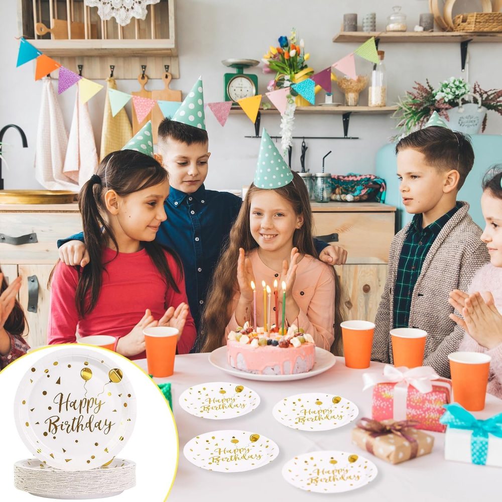 EVYIENEN 50PCS Happy Birthday Party Paper Plates，7inch Disposable White and Gold Plates Set，Party Tableware Party Supplies for Birthday Decorations (White and Gold, 7inch) - Image 2