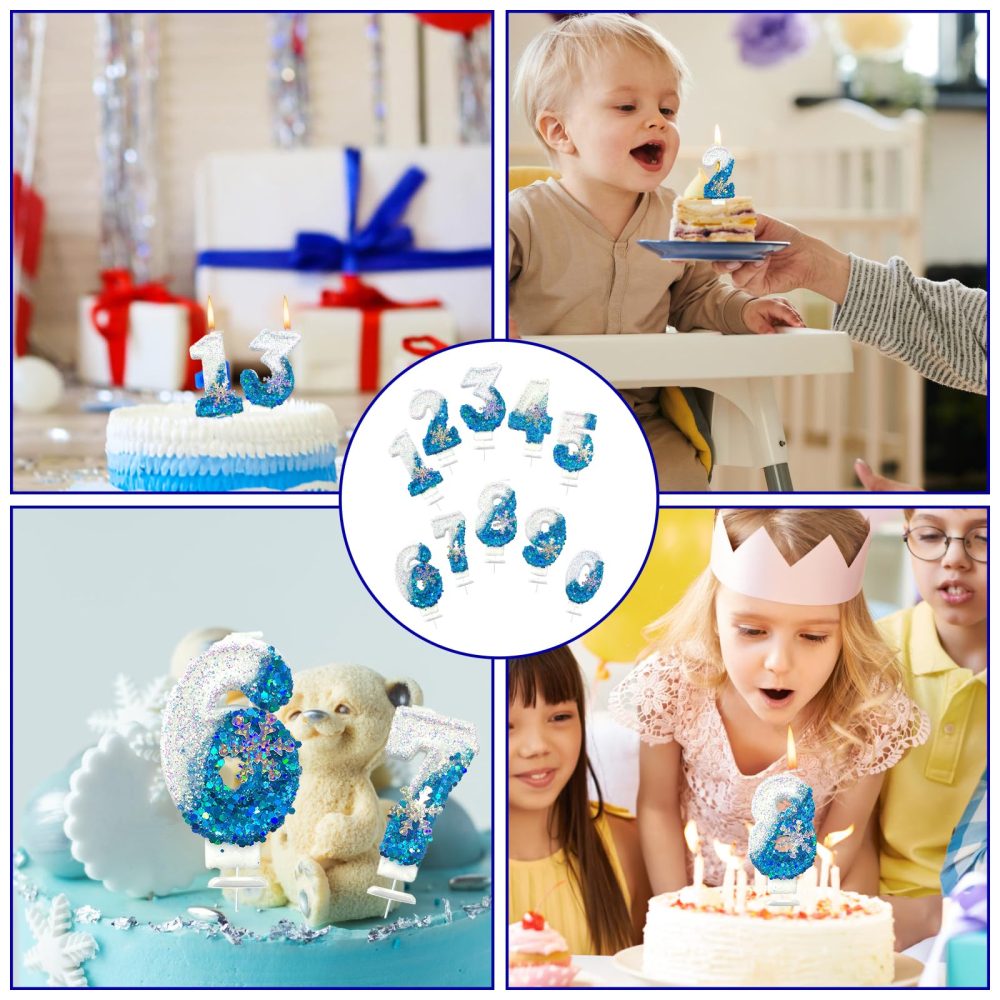 Blue White Frozen Birthday Candles for Cake, Number Candles with Snowflake, Frozen Cake Candles Decorations for Kids, Glitter Number Candles for Birthday Wedding Anniversary (Number 4) - Image 2