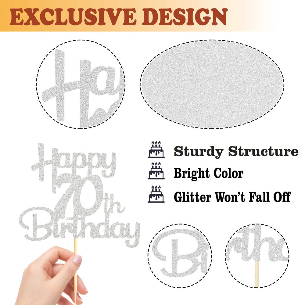 Sotpot Silver Glitter 70 Cake Topper, 70th Birthday Cake Decorations for Birthday Party Anniversary Party Supplies - Image 6