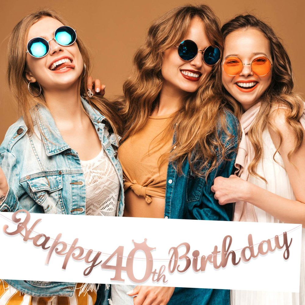 Happy 40th Birthday Banner Crown Garlands Backdrop Bunting Forty Years Old Anniversary Photo Booth Background DIY Party Decoration Supplies for Boys or Girls Living Room (Rose Gold) - Image 4