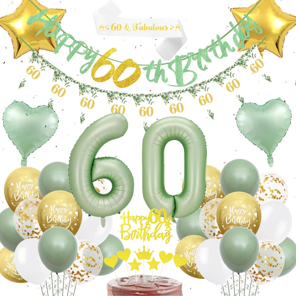 60th Birthday Decorations for Women - 49 Piece Green Gold 60th Birthday Balloons Set with Happy Birthday Banner, Confetti, Foil Balloon, Cake Topper, 60 Years Old Party Supplies for Women Men
