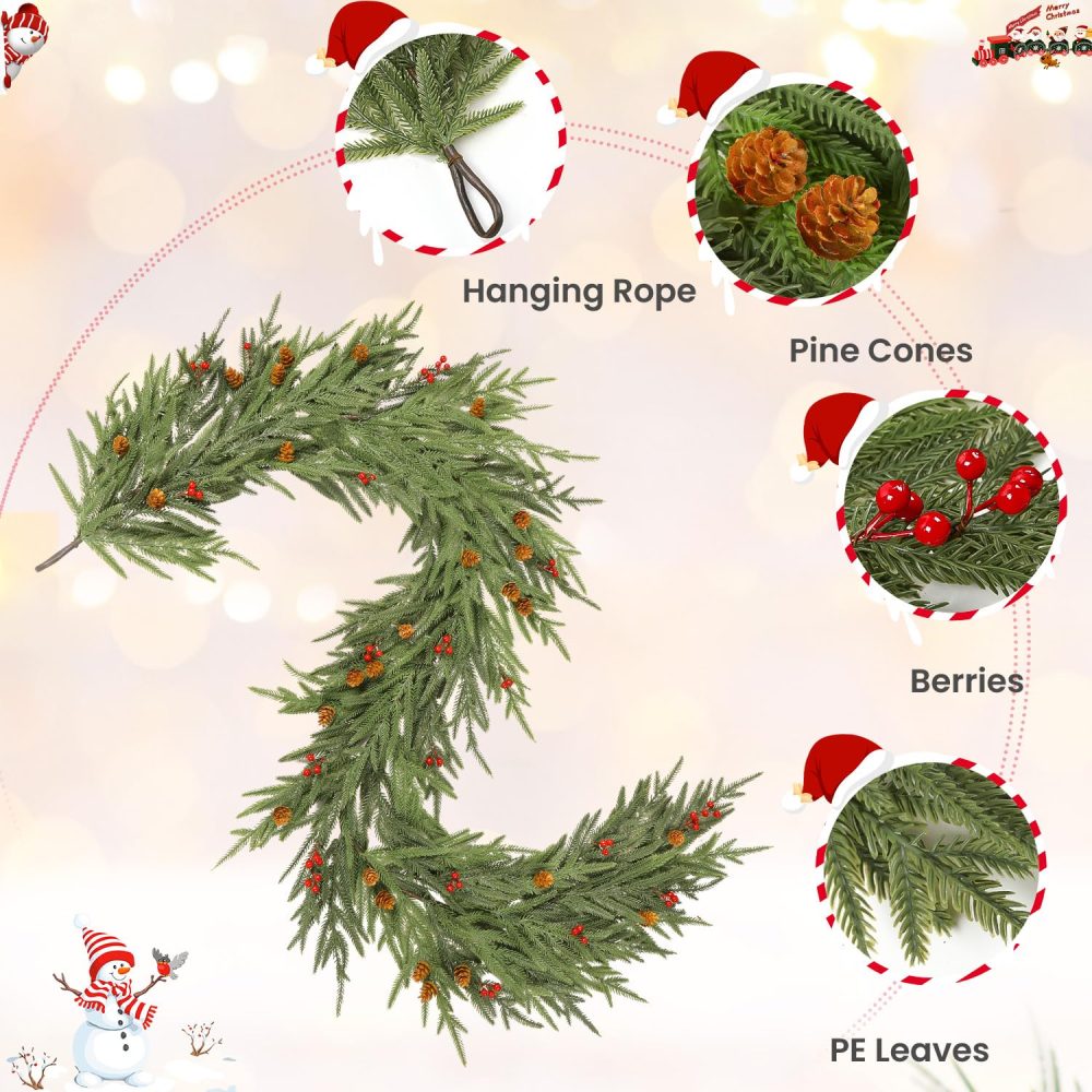 SHareconn 6FT Realistic Christmas Garland with Red Berries and Pine Cones, PE Artificial Christmas Garland, Real Touch Mantle Stairs Fireplace Xmas Decorations/Indoor Outdoor Christmas Decor - Image 4