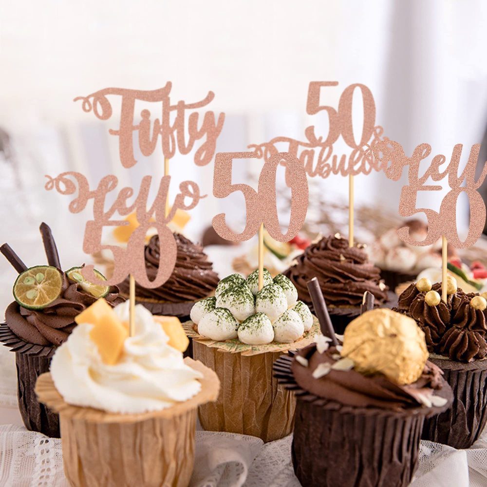 Blumomon Rose Gold Glitter 50th Birthday Cupcake Toppers Happy Birthday 50 Fabulous Cupcake Toppers Happy 50th Cake Decorations for 50th Birthday Happy 50th Theme Party Supplies - Image 5