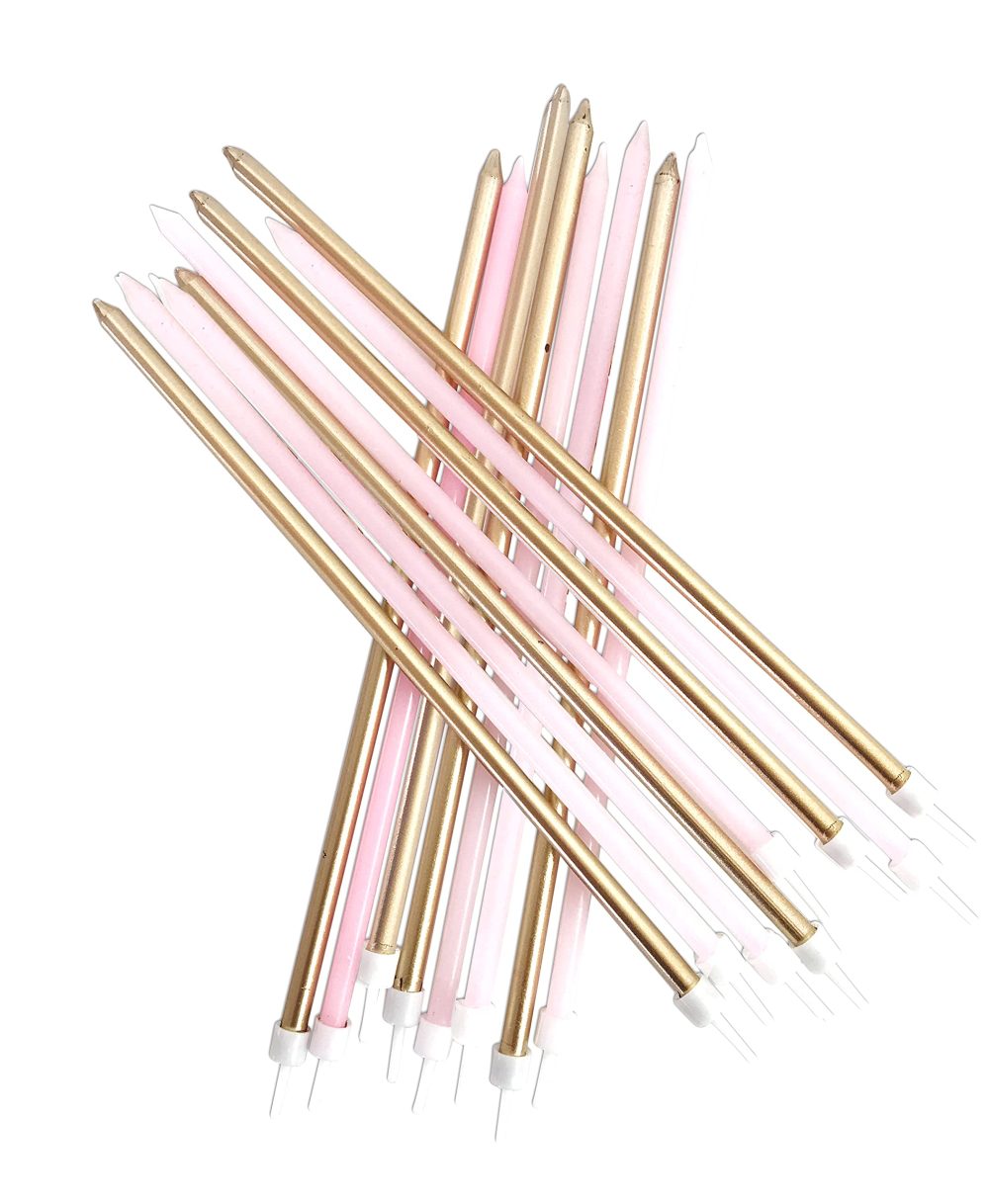 Anniversary House Pack of 16 Extra Tall Slim Birthday Cake Candles with Holders, Pastel Pink and Metallic Gold Mix, 18 Centimeters, Strong and Sturdy, AHC214
