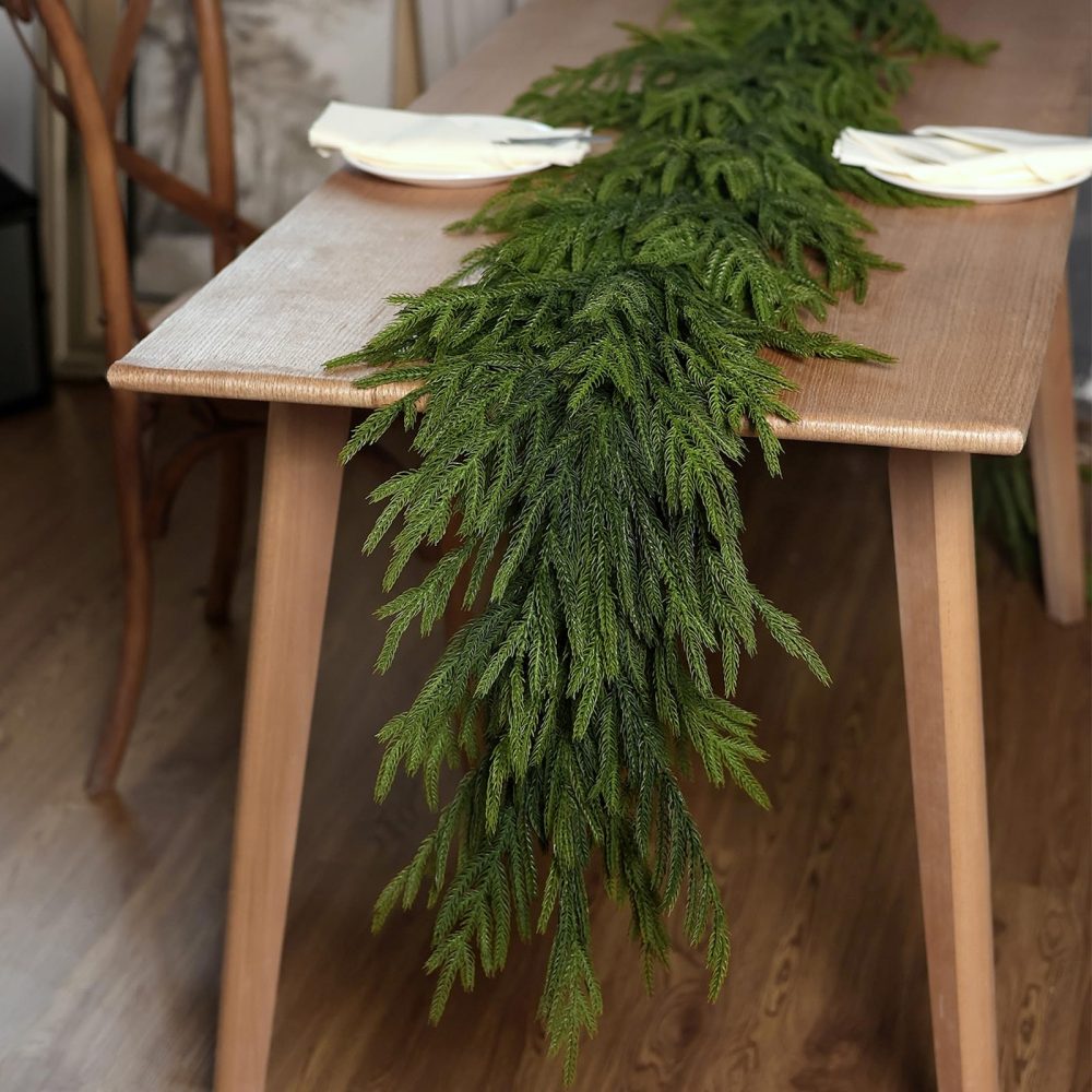 9 FT Real Touch Norfolk Pine Garland Green Artificial Christmas Garland Faux Greenery Garland for Holiday Fireplace Mantle Window Indoor Outdoor Decor (2 PCS)