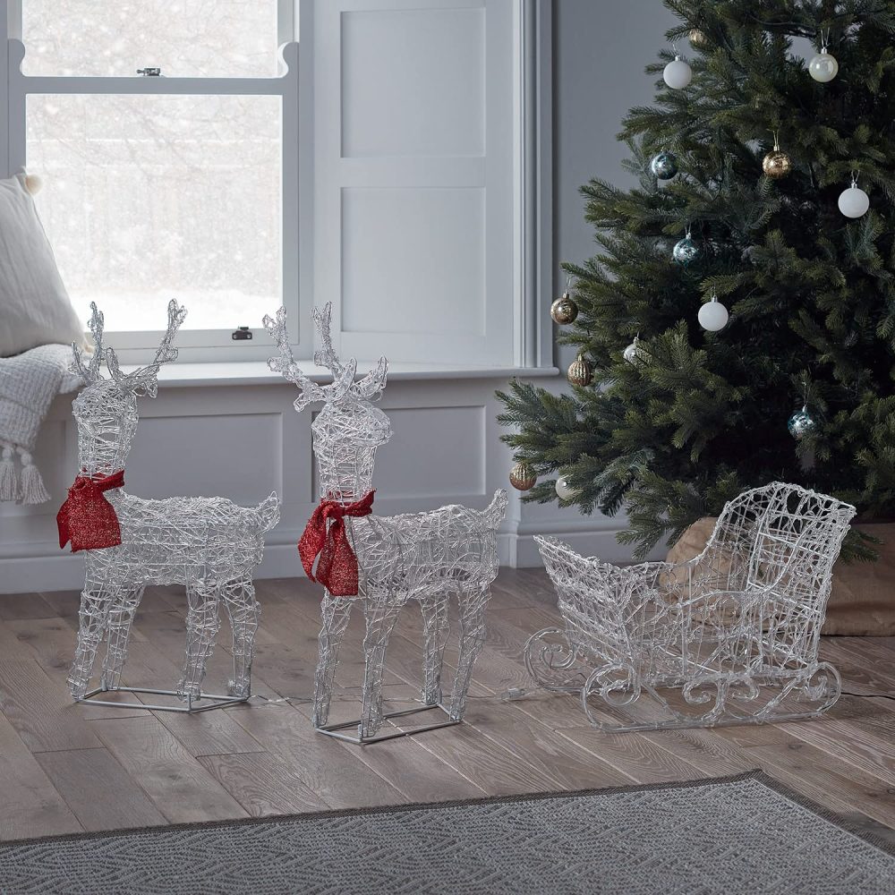 Lights4fun 68cm Battery Operated Christmas Reindeer & Sleigh Light Up Acrylic Figure Garden Decoration with 240 White LEDs & Timer for Indoor and Outdoor Use - Image 3
