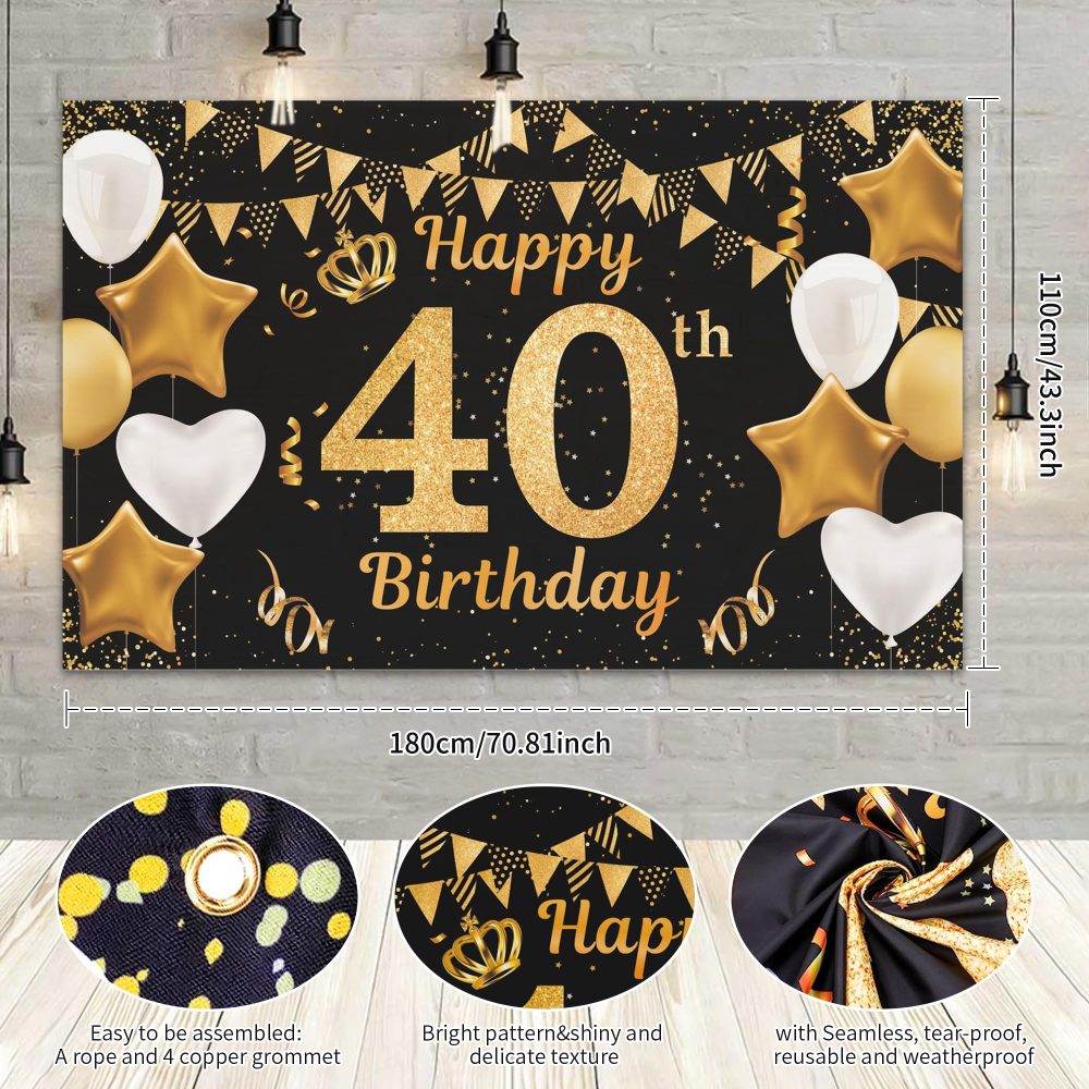 Happy 40th Birthday Banner Black Gold 40th Photo Backdrop Birthday Party Background Supplies Backdrop Props, Birthday Decorations (40th) - Image 3